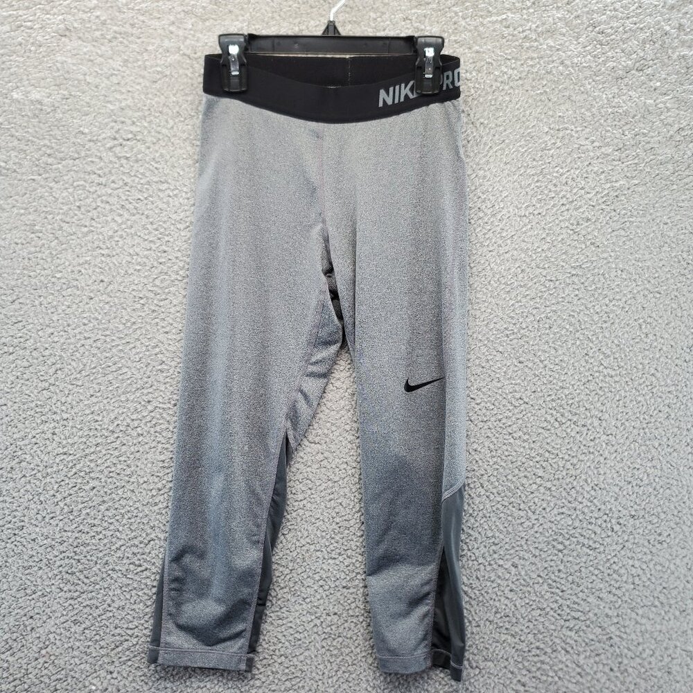 Nike Pro Cropped Athletic Compression Leggings Black Gray Band Logo Small